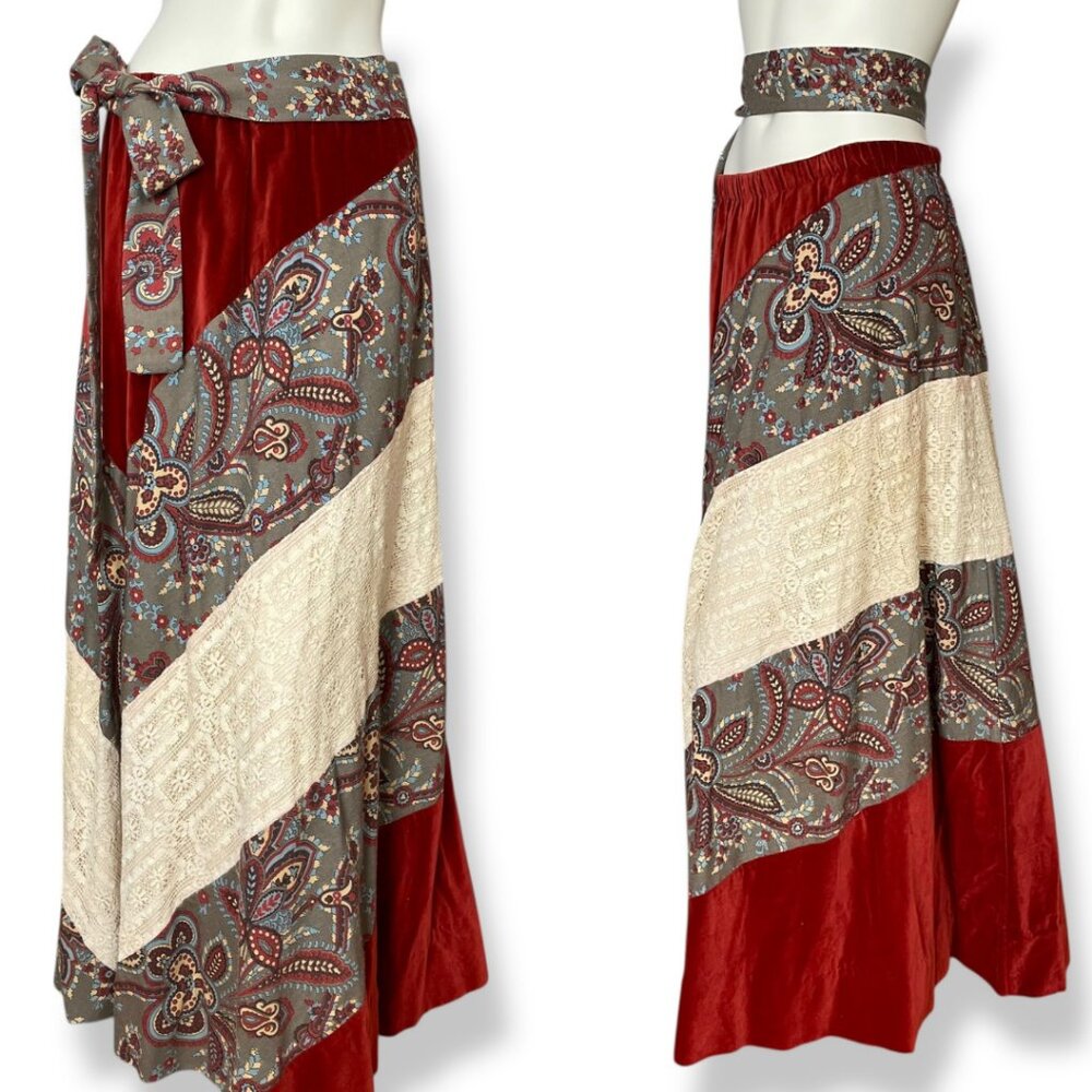 Vintage 70s Chessa Davis Patchwork Skirt Brown Lace Velvet Maxi Belt Hippie Boho